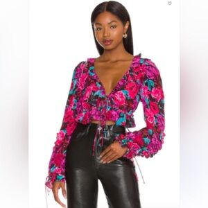 For Love & Lemons Floral Ruffle V-Neck Blouse